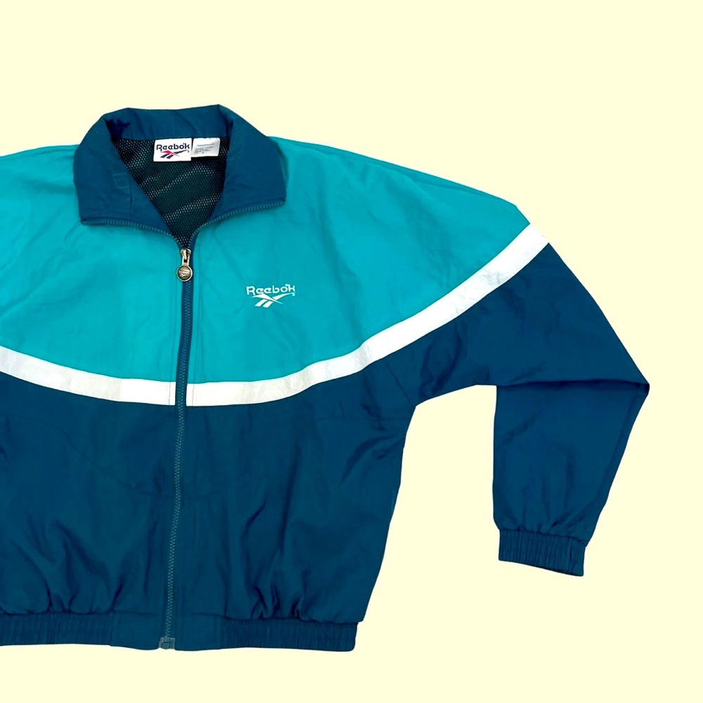 VTG Rare Retro 90s Reebok Teal & Navy Blue Color Block Windbreaker Jacket - L